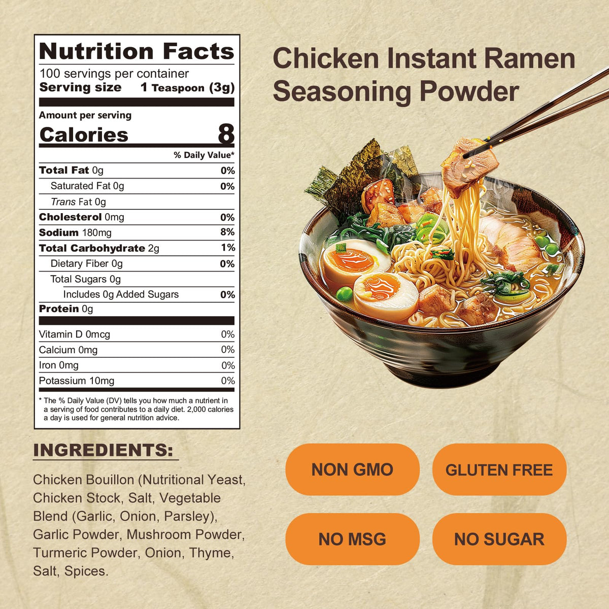 Jayuss ramen seasoning powder close-up highlights rich chicken flavor and gluten-free quality.