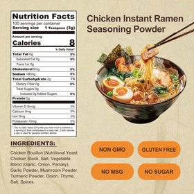 Jayuss ramen seasoning powder close-up highlights rich chicken flavor and gluten-free quality.