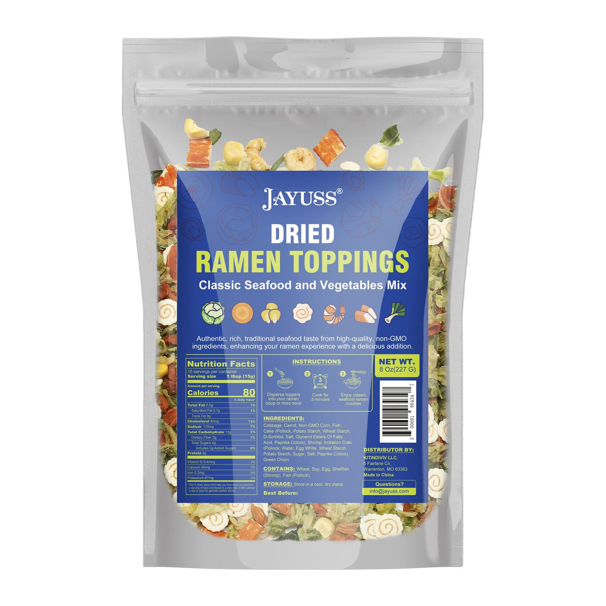 Jayuss ramen toppings with classic seafood and vegetables mix, elevating homemade ramen flavor.