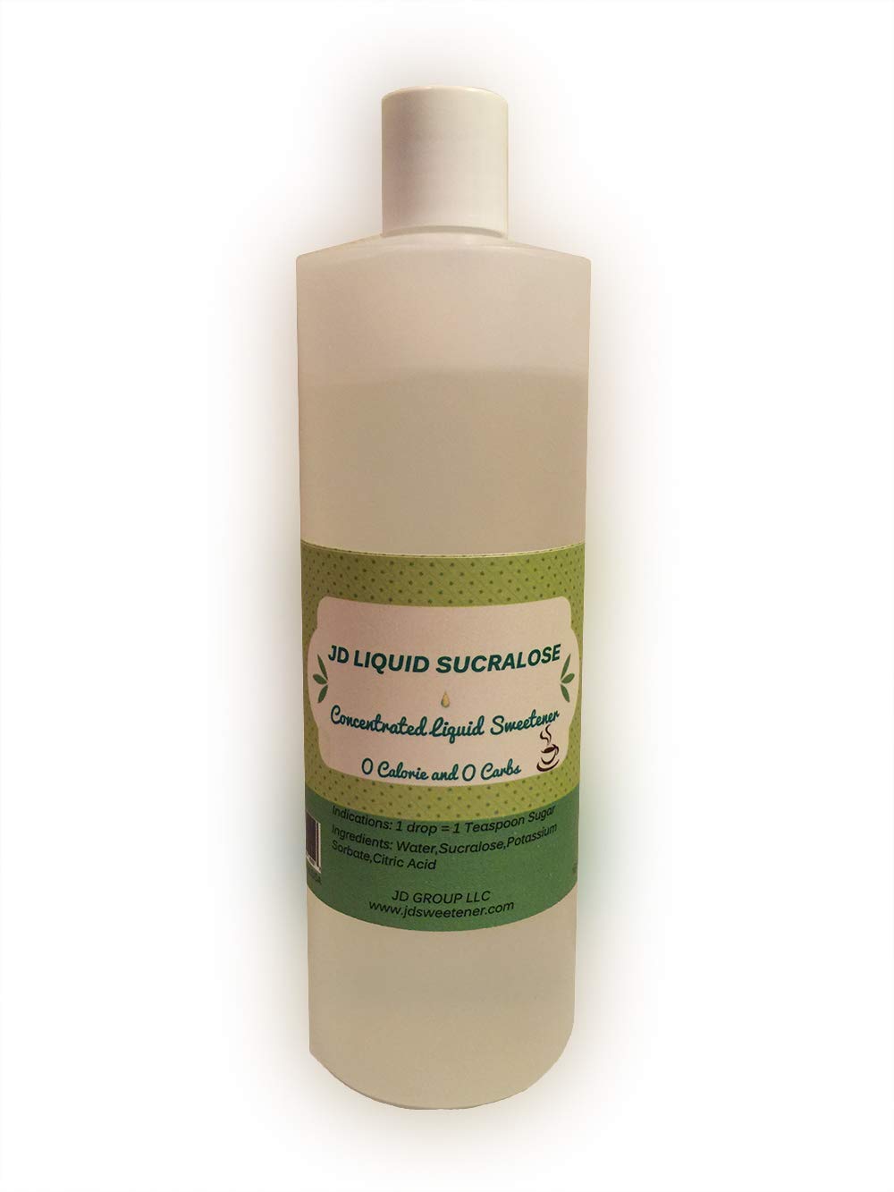 JD Sweetener Liquid Sucralose bottle on a kitchen counter, zero calories, ideal for beverages.