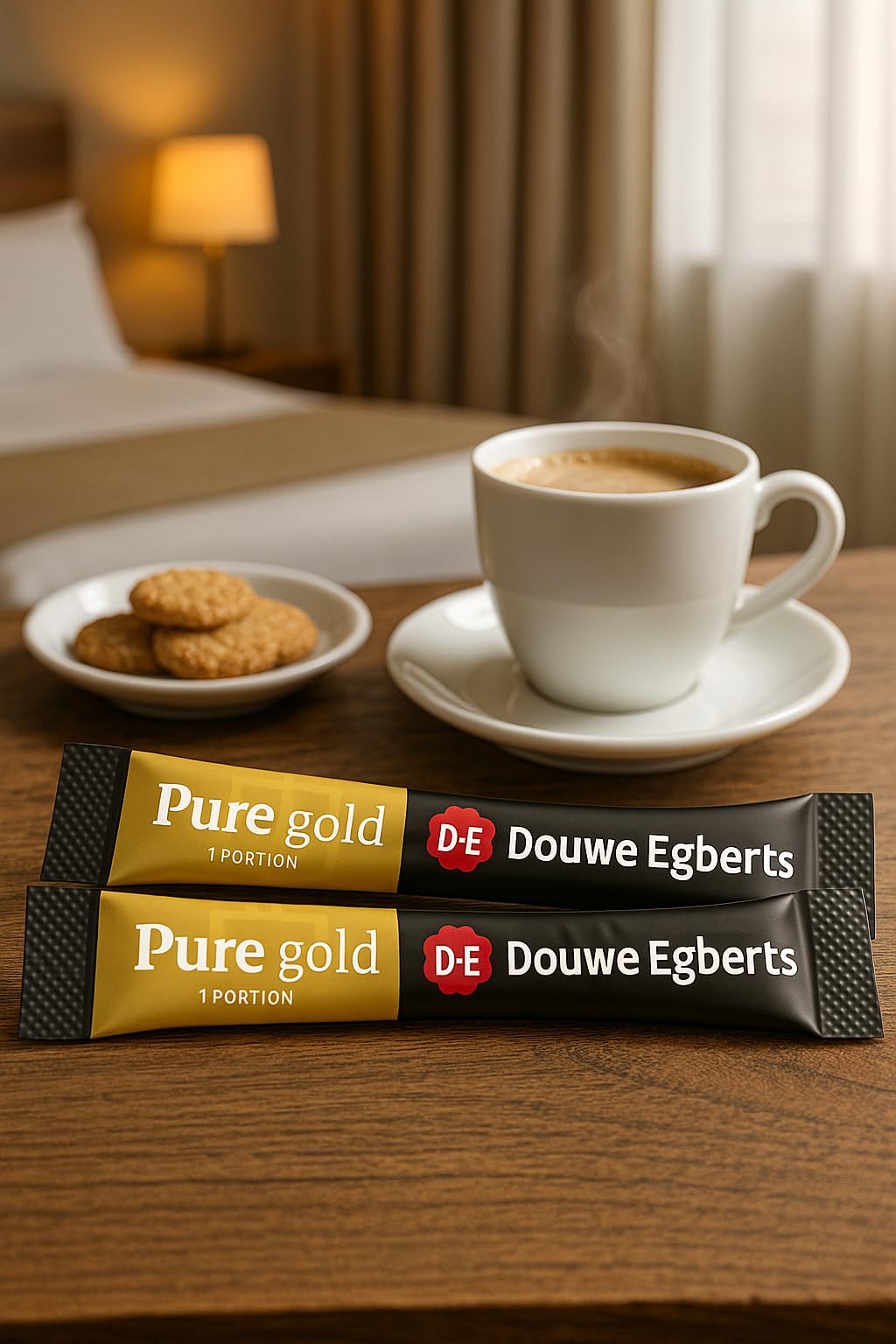 Hotel room setup with Pure Gold sachets ready for guests.