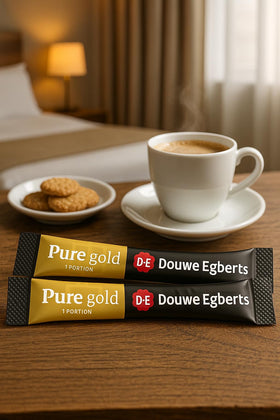 Hotel room setup with Pure Gold sachets ready for guests.