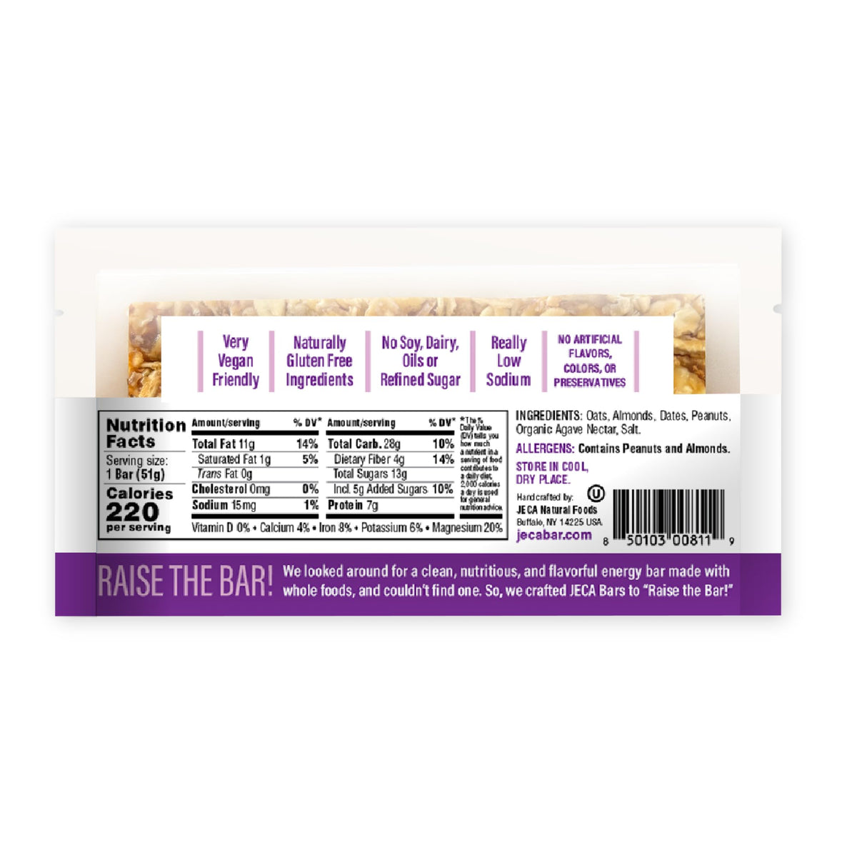 Ingredients close-up: oats, almonds, dates in JECA energy bar.