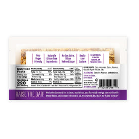 Ingredients close-up: oats, almonds, dates in JECA energy bar.