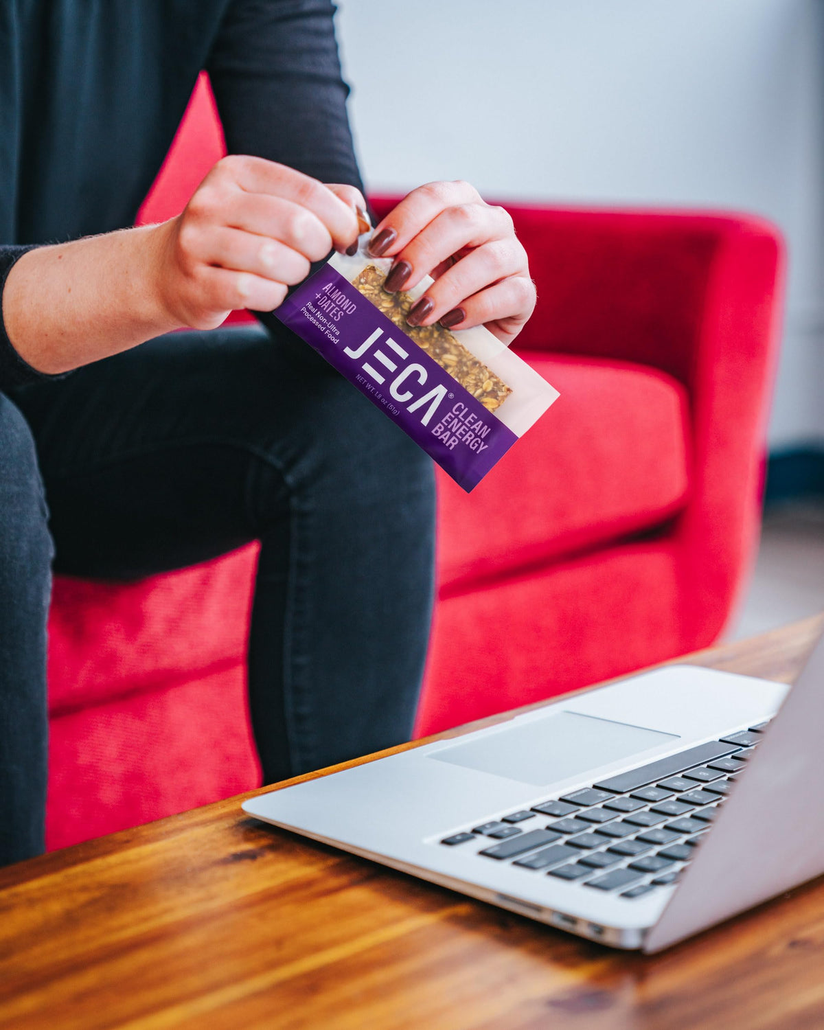 JECA bar showing vegan and gluten-free labeling on packaging.