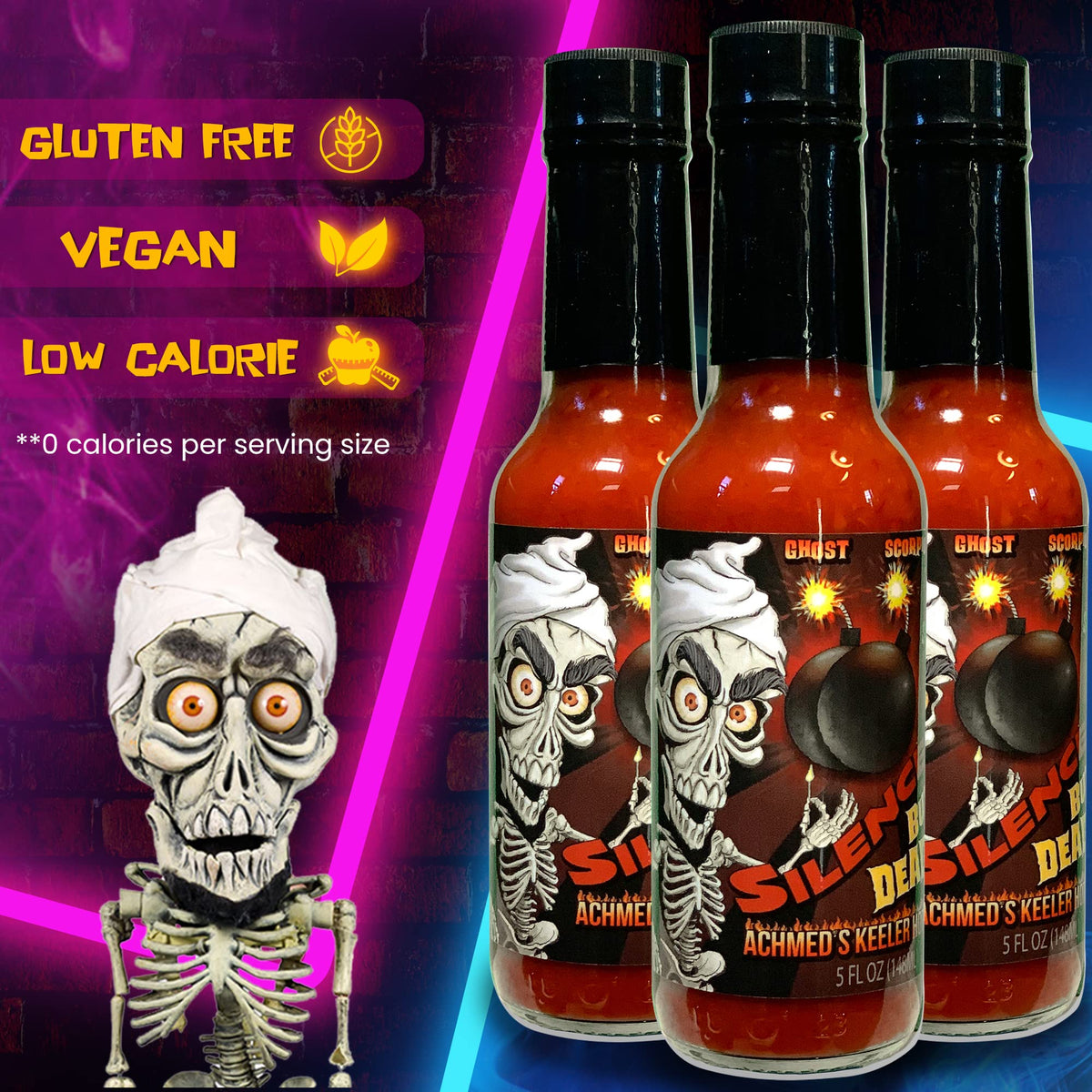 Dispense shot over tacos with Jeff Dunham Achmed's Keeler Hot Sauce.