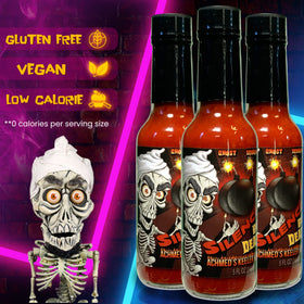 Dispense shot over tacos with Jeff Dunham Achmed's Keeler Hot Sauce.
