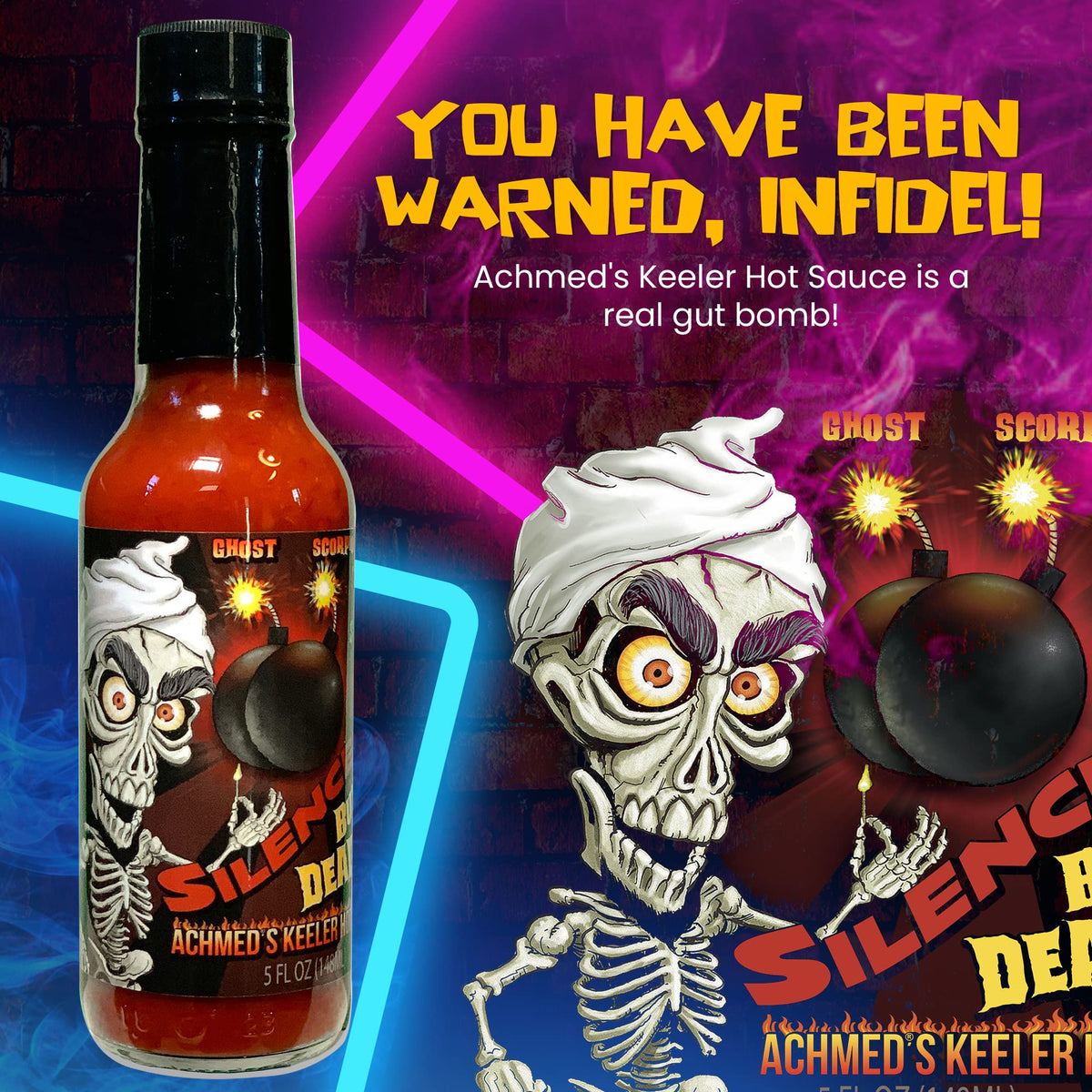 Label close-up of Jeff Dunham Achmed's Keeler Hot Sauce with bold heat.