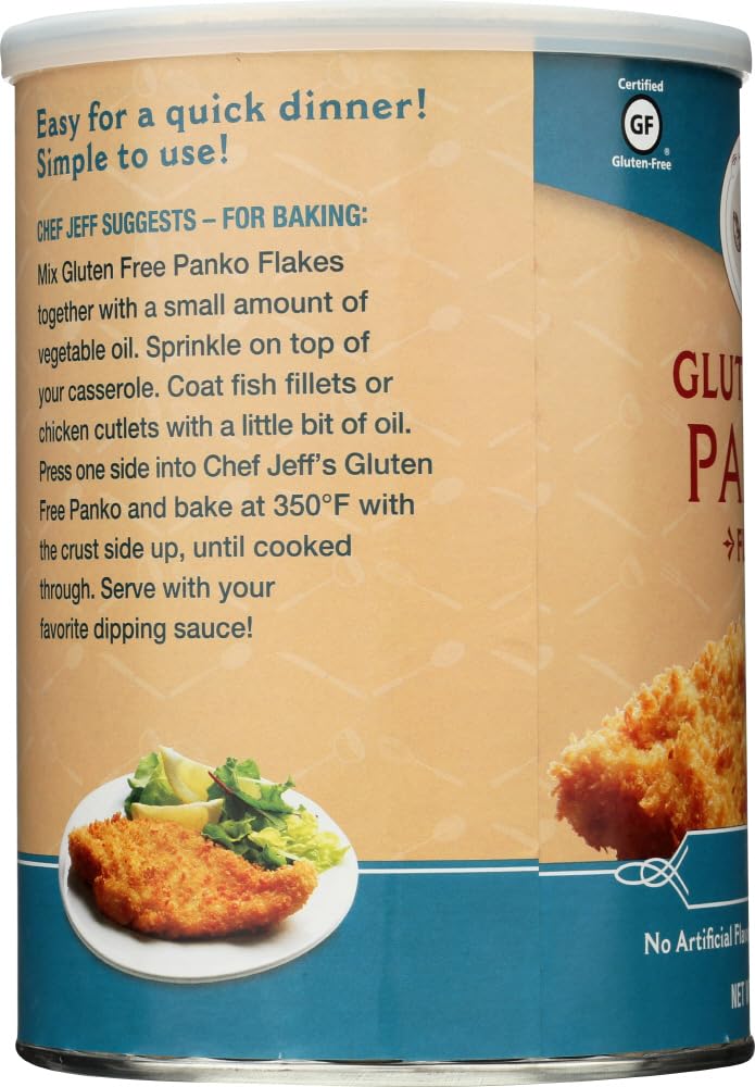 Jeff Nathan Creations gluten-free Panko with bag open shows convenient ready-to-use crumbs.