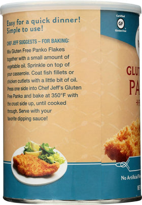 Jeff Nathan Creations gluten-free Panko with bag open shows convenient ready-to-use crumbs.