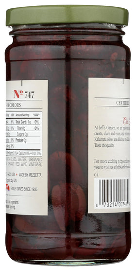 Jeff's Garden Kalamata Organic olives brined in glass, perfect for Mediterranean tapas.