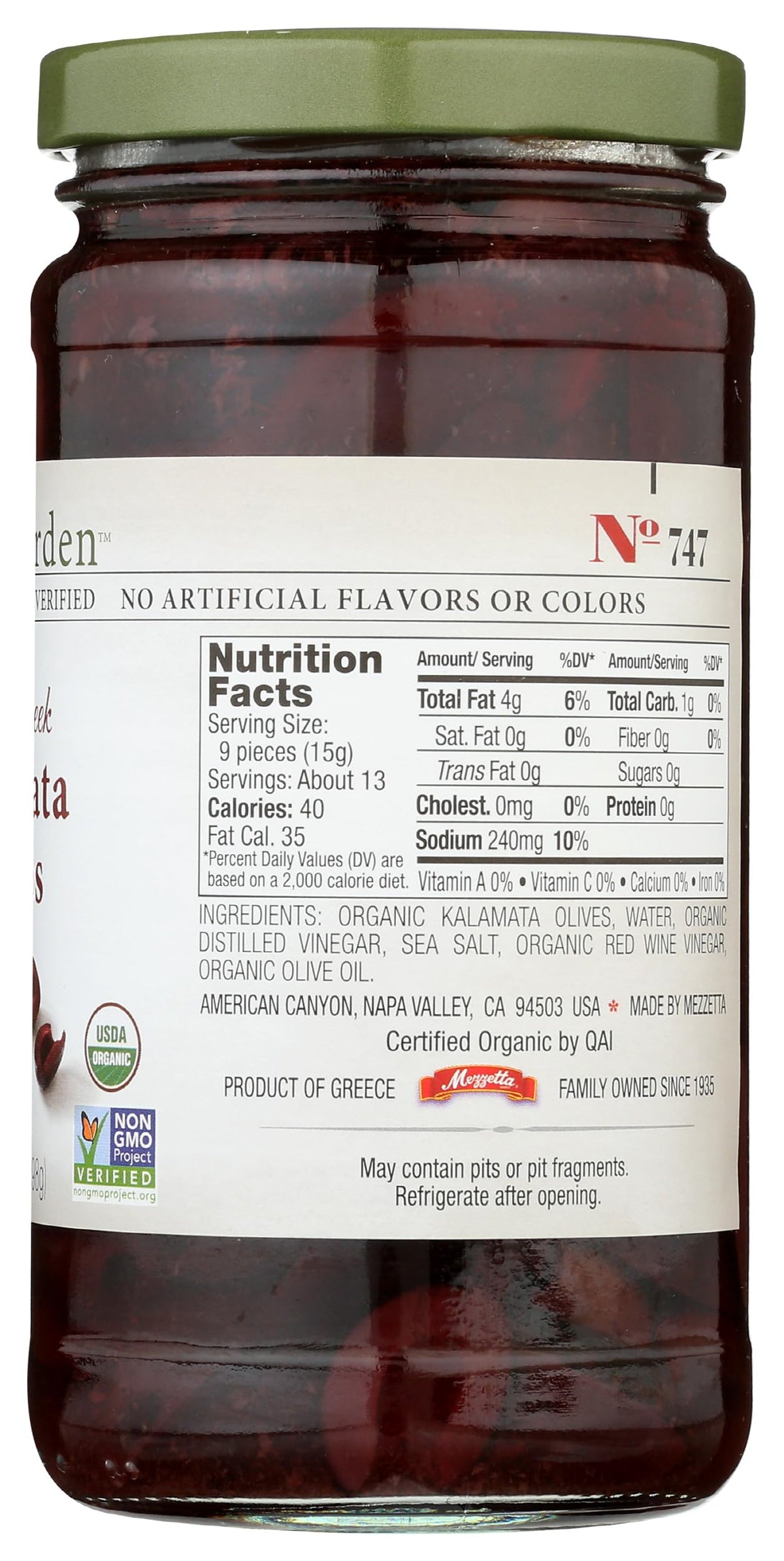 Jeff's Garden Kalamata Organic olives in a kitchen scene, ready to use.