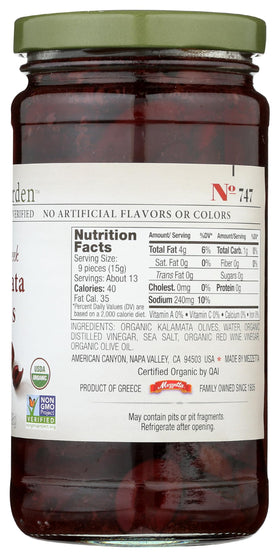 Jeff's Garden Kalamata Organic olives in a kitchen scene, ready to use.