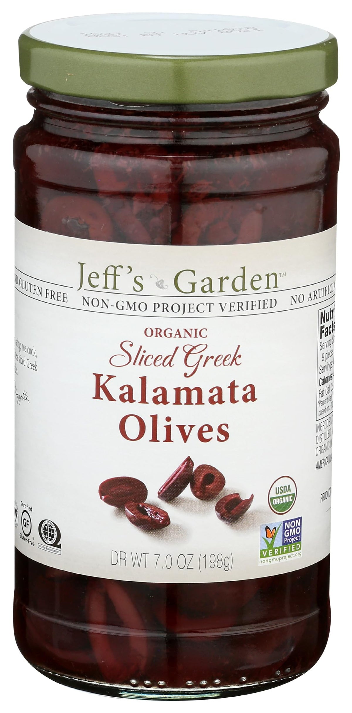 Jeff's Garden Kalamata Organic olives sliced in jar, ideal for salads.