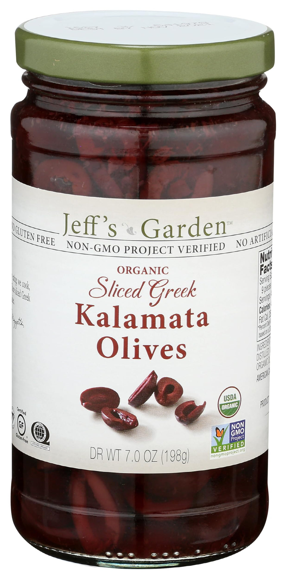Jeff's Garden Kalamata Organic olives sliced in jar, ideal for salads.