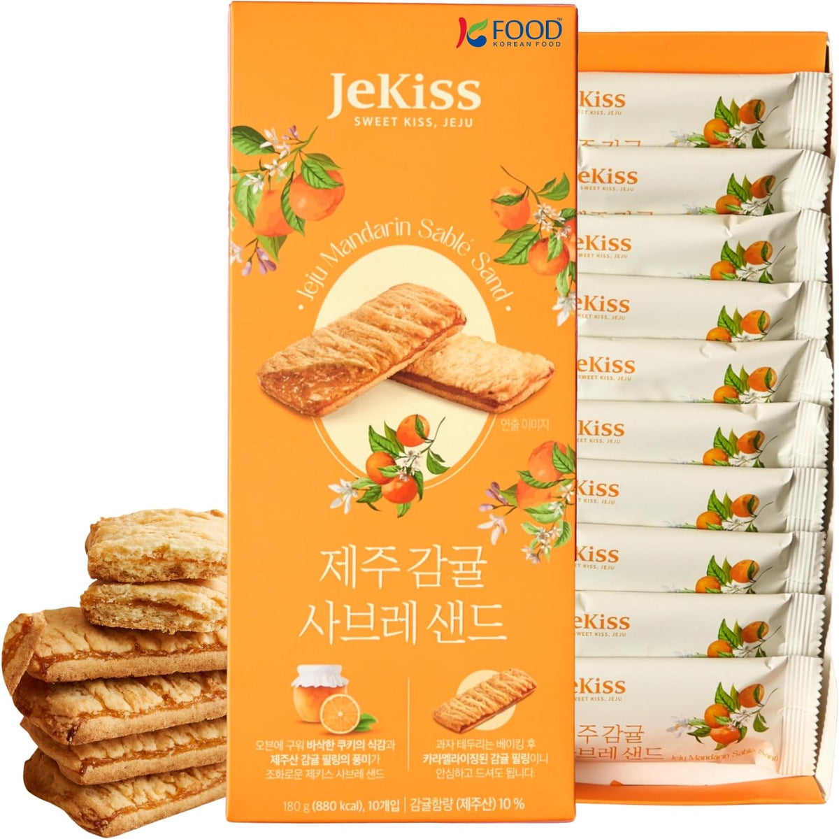 K FOOD JEKISS Jeju Mandarin Sable Cookies box front, gift-ready presentation.