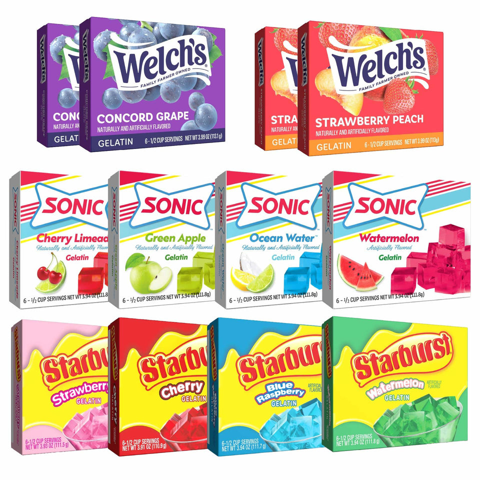 JEL SERT 12-box gelatin mix collection for colorful, quick party desserts.