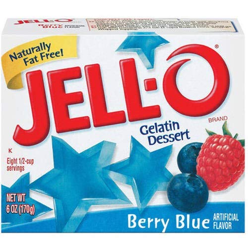 Jell-O Berry Blue gelatin dessert in a four-pack, a convenient family treat.
