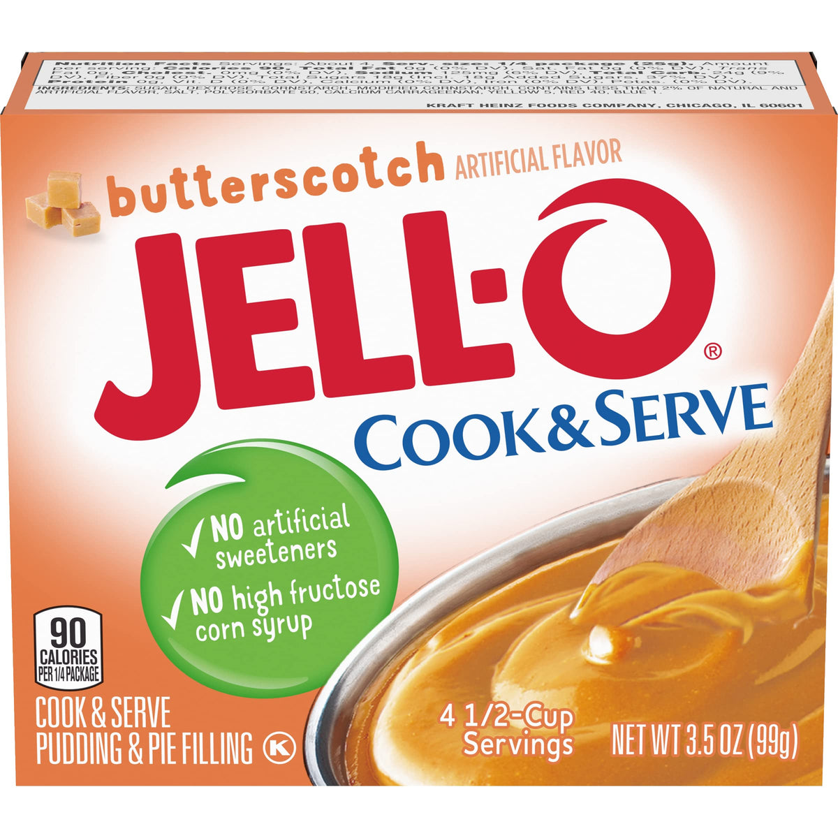Jell-O Butterscotch pudding mix measured with milk for creamy dessert preparation.