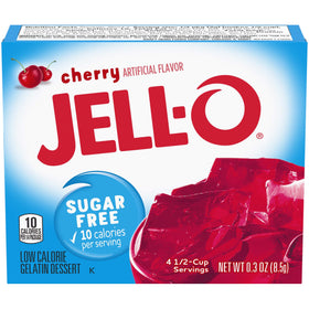 Jell-O Cherry Sugar-Free Gelatin Mix box on shelf, convenient sugar-free option.