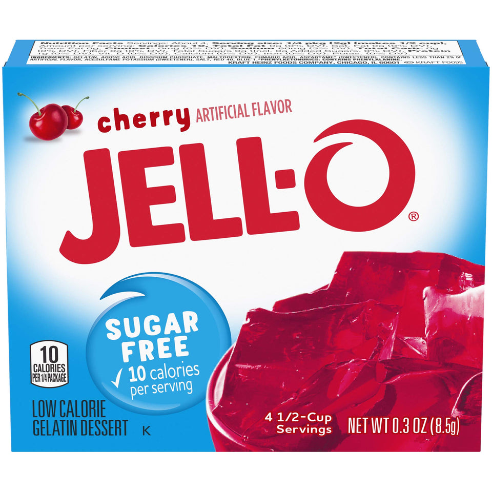 Jell-O Cherry Sugar-Free Gelatin Mix box on shelf, convenient sugar-free option.