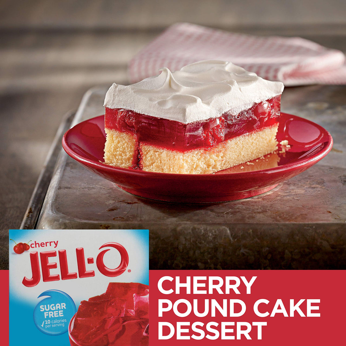 Six-pack of Jell-O Cherry Sugar-Free Gelatin Mix for quick, low-calorie dessert.