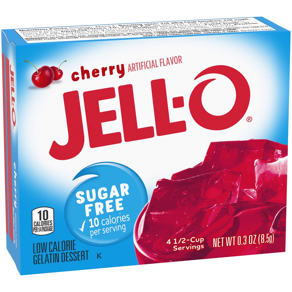 Unopened Jell-O Cherry Sugar-Free Gelatin Mix pack suitable for families.