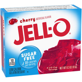 Unopened Jell-O Cherry Sugar-Free Gelatin Mix pack suitable for families.