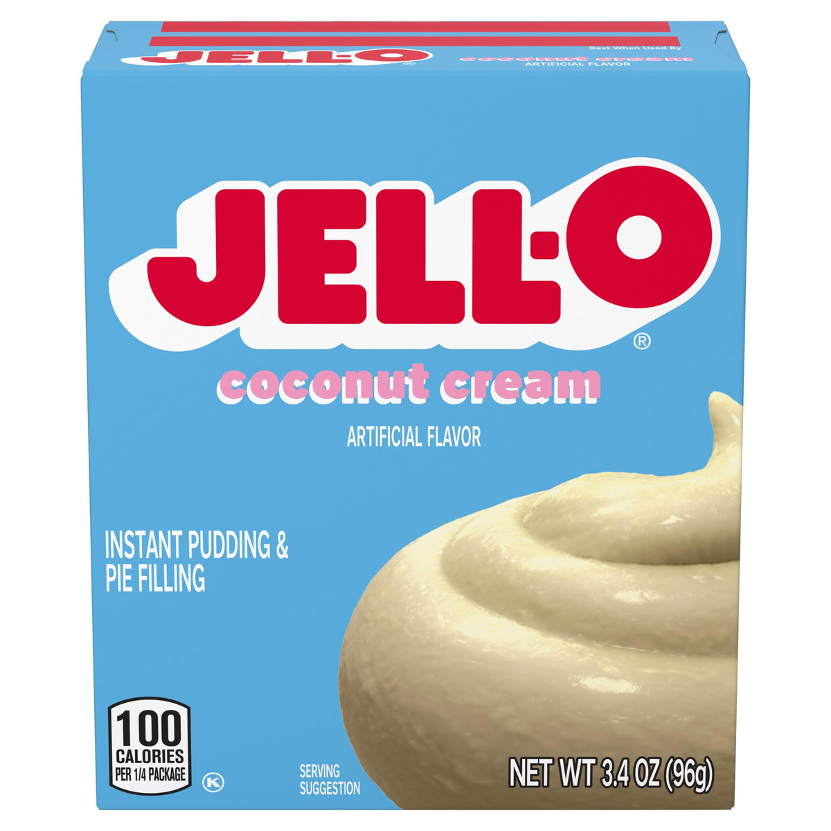 The Jell-O Coconut Cream Pudding box front highlights a quick, creamy dessert option.