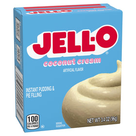 The Jell-O Coconut Cream Pudding box is opened, ready to mix for a smooth treat.