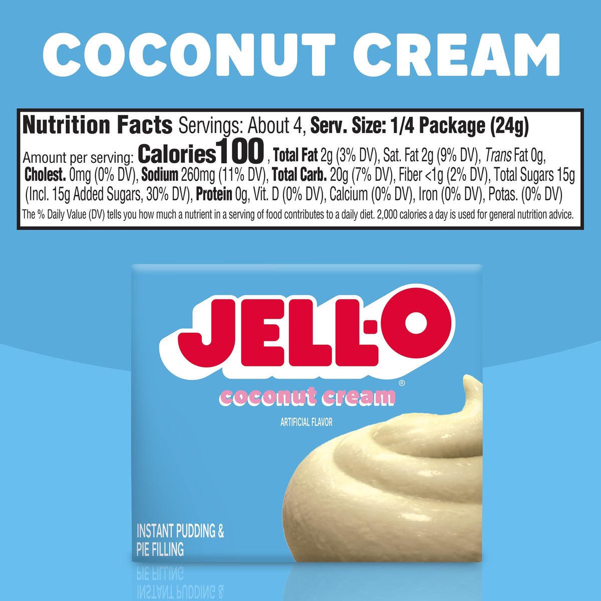The Jell-O Coconut Cream Pudding label notes no artificial sweeteners or corn syrup.