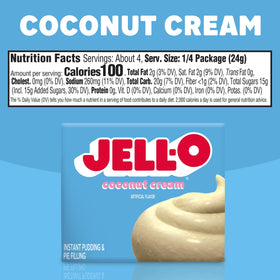 The Jell-O Coconut Cream Pudding label notes no artificial sweeteners or corn syrup.