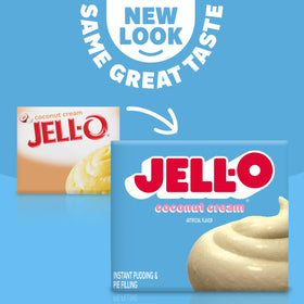 Jell-O Coconut Cream Pudding used as pie filling for a coconut cream pie.