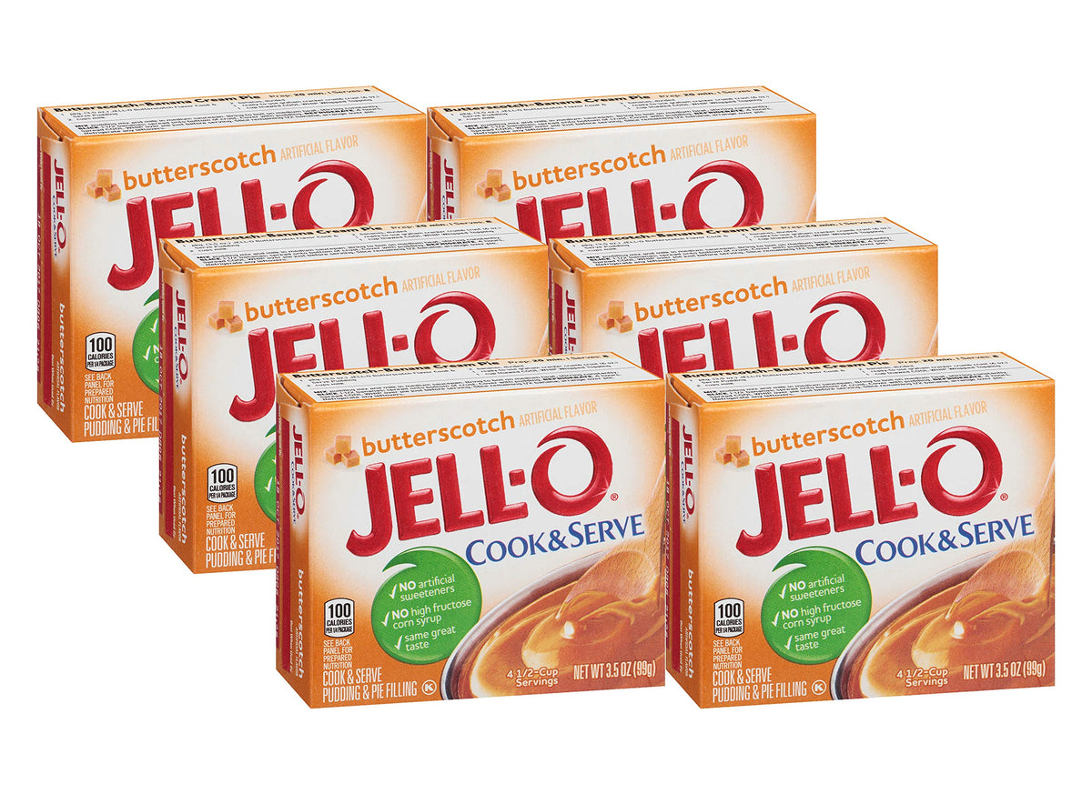 Jell-O Cook & Serve Butterscotch pudding boxes in a six-pack for quick desserts.