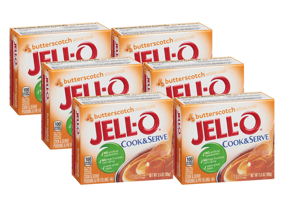 Jell-O Cook & Serve Butterscotch pudding boxes in a six-pack for quick desserts.