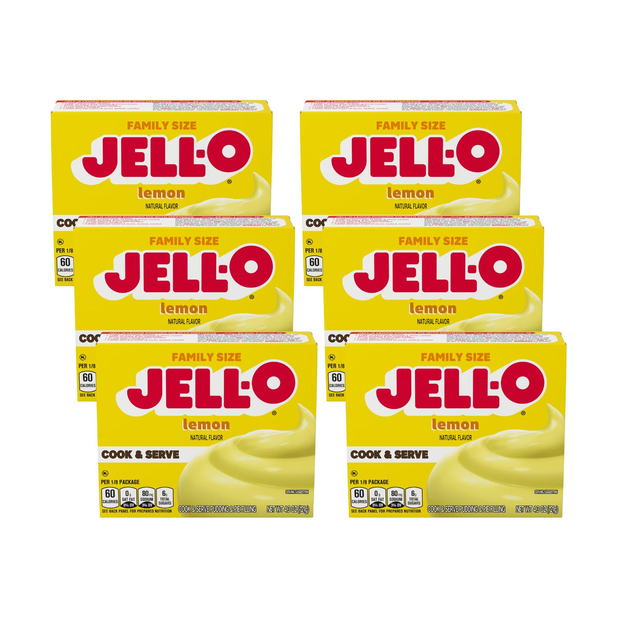 Jell-O Lemon Cook & Serve Pudding Mix box showing quick dessert base.