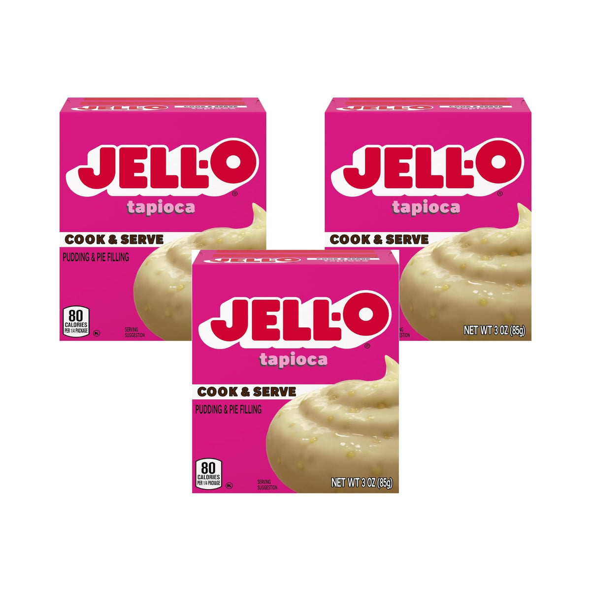 Jell-O Cook & Serve Tapioca pudding mix front box for a quick fat-free dessert.