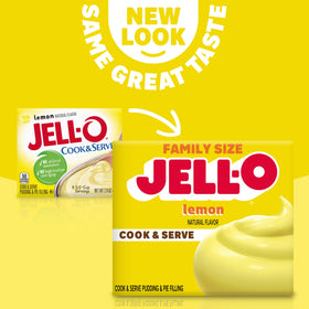 Versatile Jell-O lemon pudding ready for pies and layered treats.