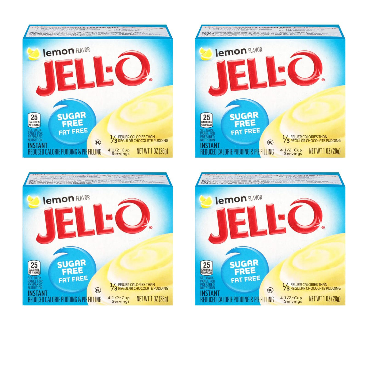 Jell-O Lemon Pudding Mix front box highlights bright flavor for quick desserts
