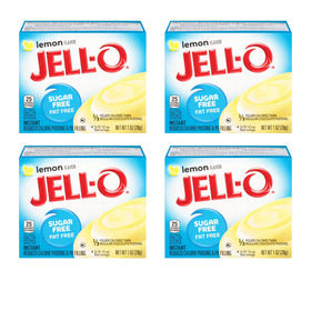 Jell-O Lemon Pudding Mix front box highlights bright flavor for quick desserts
