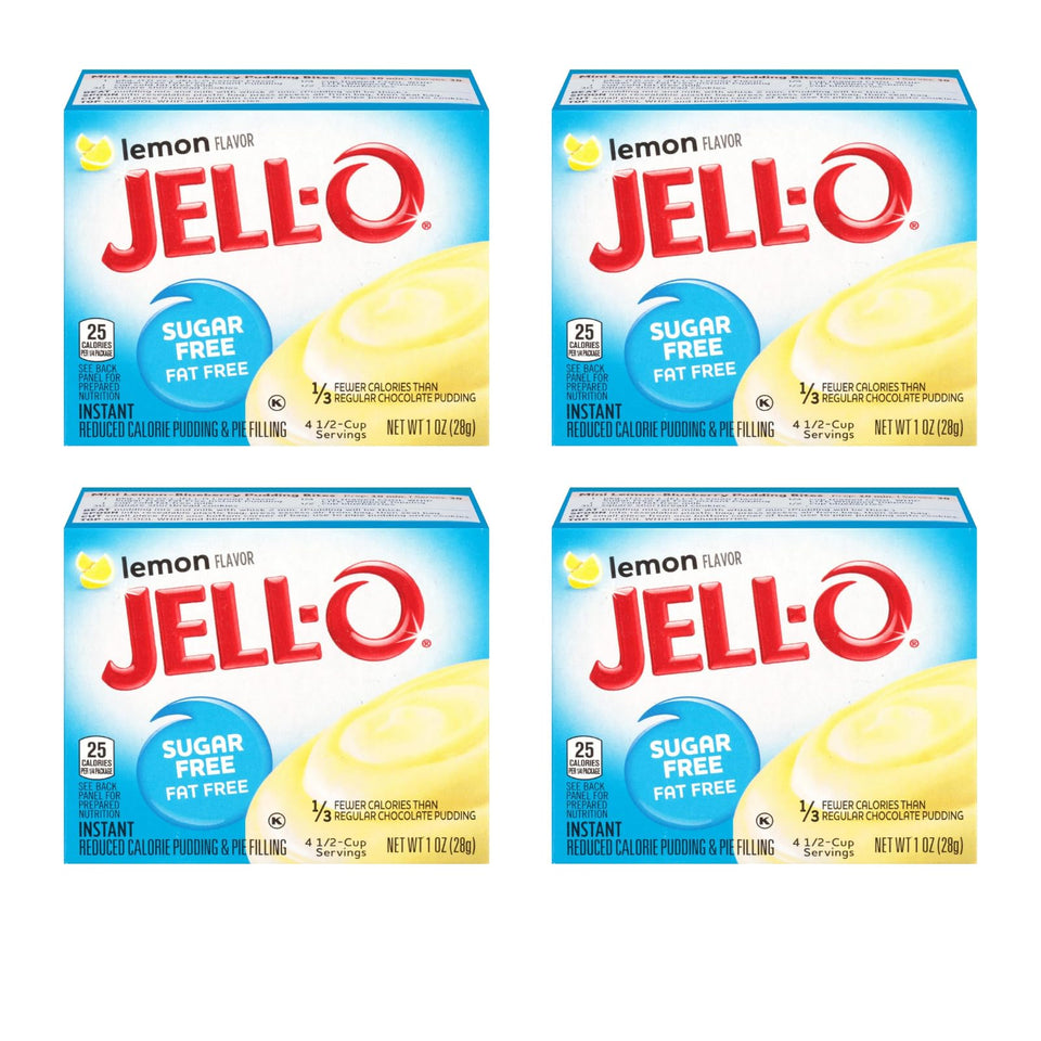 Jell-O Lemon Pudding Mix front box highlights bright flavor for quick desserts