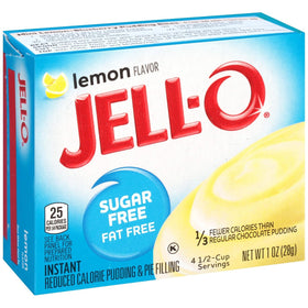 Jell-O Lemon Pudding Mix ingredients panel emphasizes sugar-free option