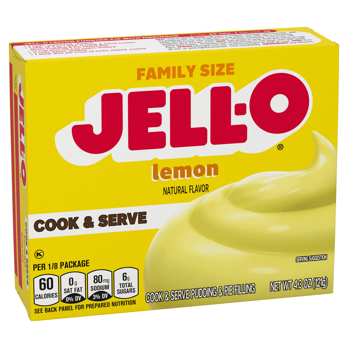 Lemon pudding pie filling made with Jell-O mix in a pie crust.