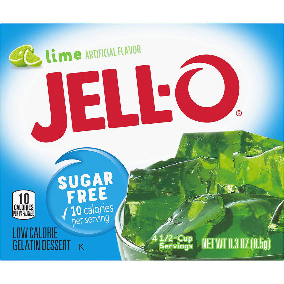 JELL-O Lime Gelatin box front showing bright packaging and quick dessert appeal