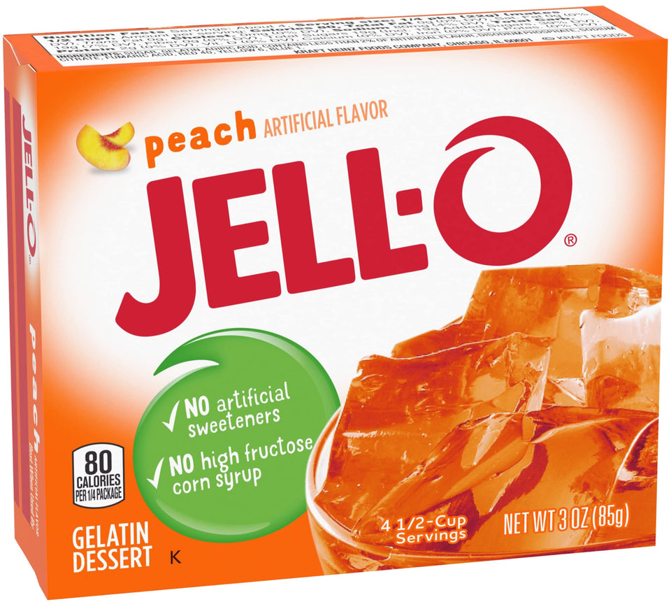 Jell-O Peach Gelatin Dessert pack of six cups ready for a quick family snack