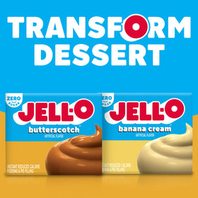 Poke cake topped with Jell-O butterscotch pudding layer