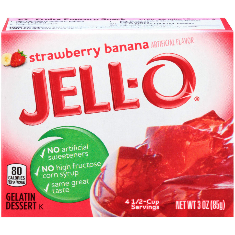 JELL-O Strawberry Banana gelatin dessert mix box ready for a quick fruity treat.