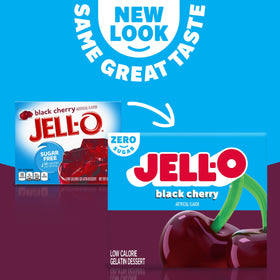 Jell-O sugar free black cherry gelatin served in dessert cups with fruit.