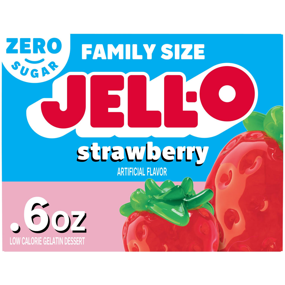 Jell-O sugar-free strawberry gelatin boxes ready for quick, low-calorie desserts.