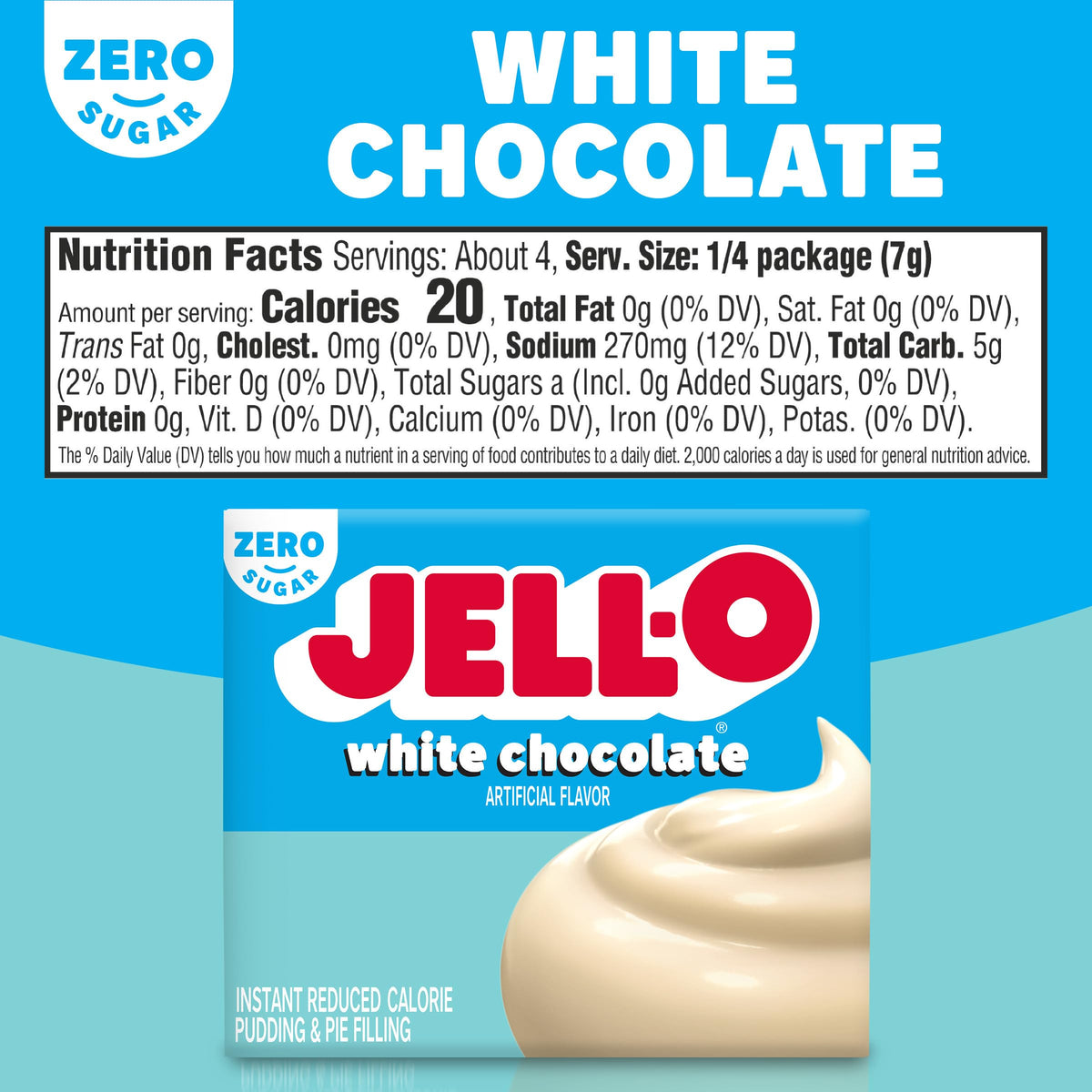 Jell-O sugar-free white chocolate pudding mix with measuring cup for simple prep.